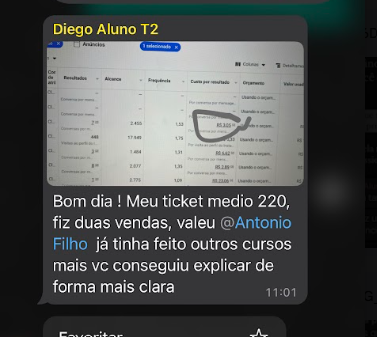 Print de mensagem real de aluno da Comunidade Haja Venda