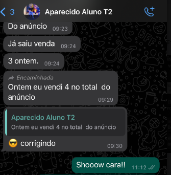 Print de mensagem real de aluno da Comunidade Haja Venda