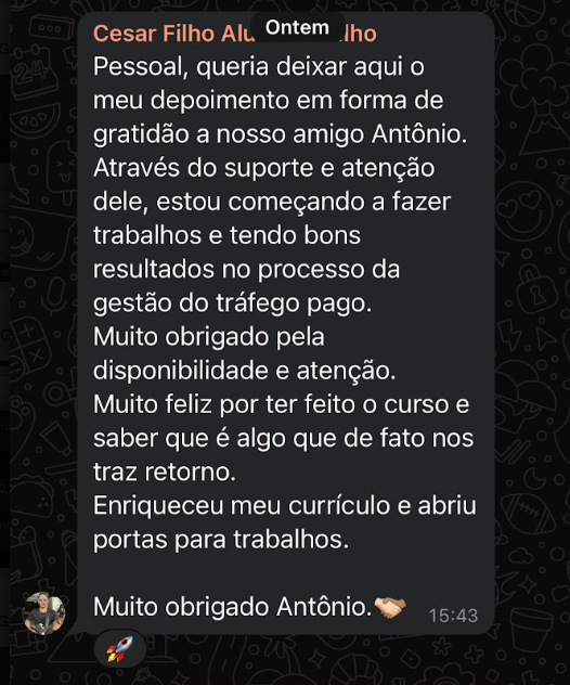 Print de mensagem real de aluno da Comunidade Haja Venda