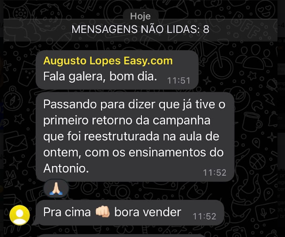Print de mensagem real de aluno da Comunidade Haja Venda