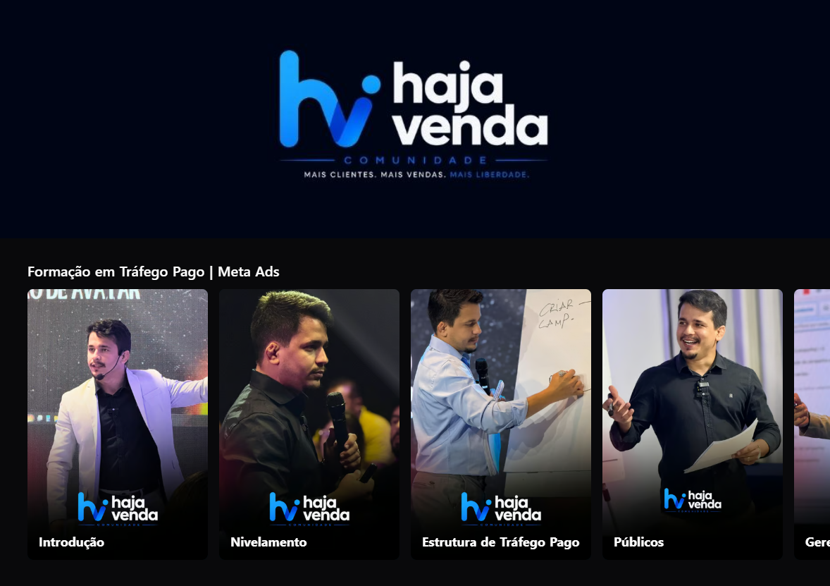 Plataforma da Comunidade Haja Venda com as aulas de tráfego pago